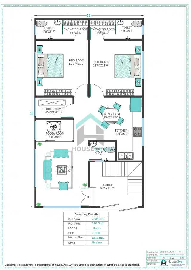 23X40 South Facing 2BHK Ground Floor House Plan | 920 Sqft Plot Floor Plan 23X40 South Facing 2BHK Ground Floor House Plan