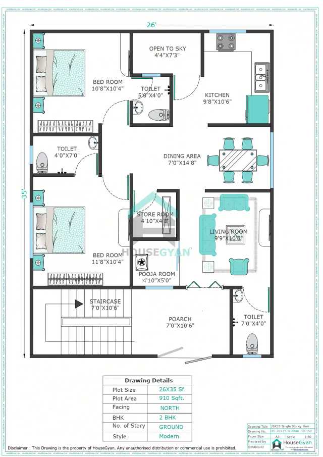26X35 North Facing 2BHK Ground Floor House Plan | 910 Sqft Plot Floor Plan 26X35 North Facing 2BHK Ground Floor House Plan