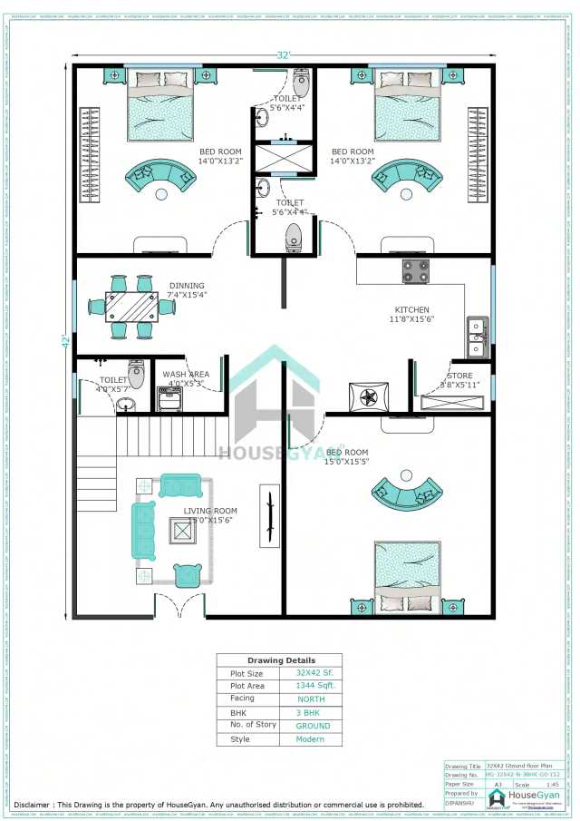 32X42 North Facing 3BHK Ground Floor House Plan | 1344 Sqft Plot Floor Plan 32X42 North Facing 3BHK Ground Floor House Plan
