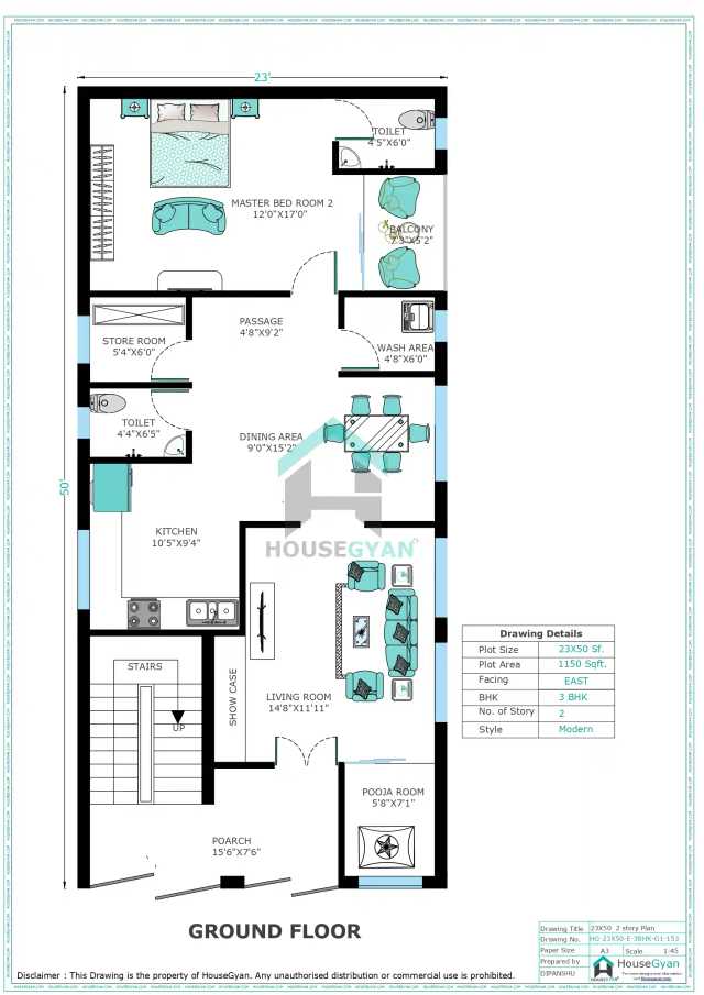 23X50 East Facing 3BHK First Floor House Plan | 1150 Sqft Plot Floor Plan 23X50 East Facing 3BHK First Floor House Plan
