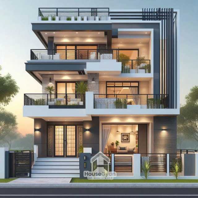 1600 Sqft 3 Storey 3D Front House Elevation Design 1600 Sqft 3 Storey 3D Front House Elevation Design