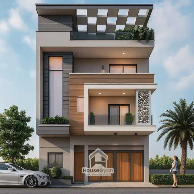 23X50 Triple Storey 3D Front House Elevation Design 23X50 Triple Storey 3D Front House Elevation Design