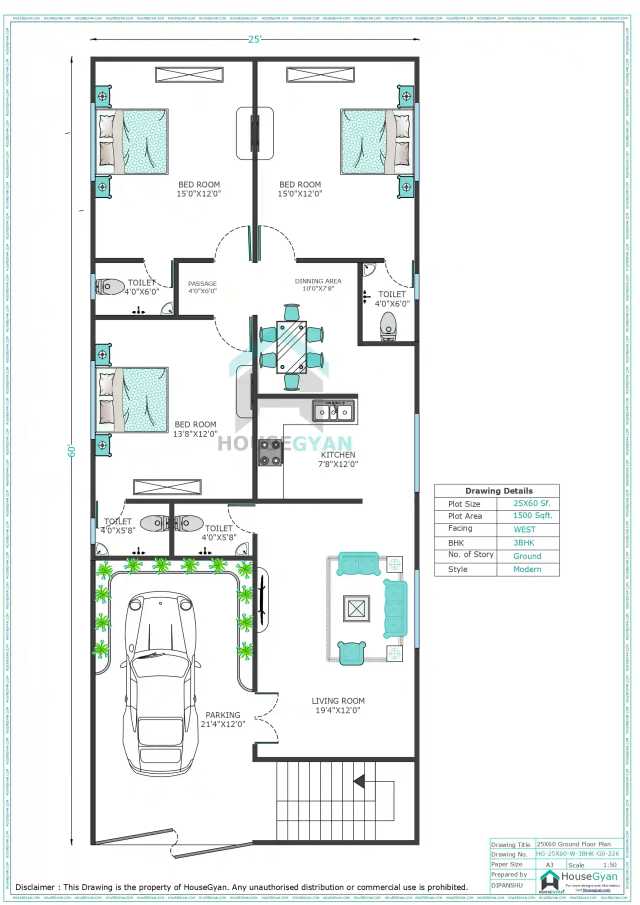 25X60 West Facing 3BHK Ground Floor House Plan | 1500 Sqft Plot Floor Plan 25X60 West Facing 3BHK Ground Floor House Plan | 1500 Sqft Plot Floor Plan