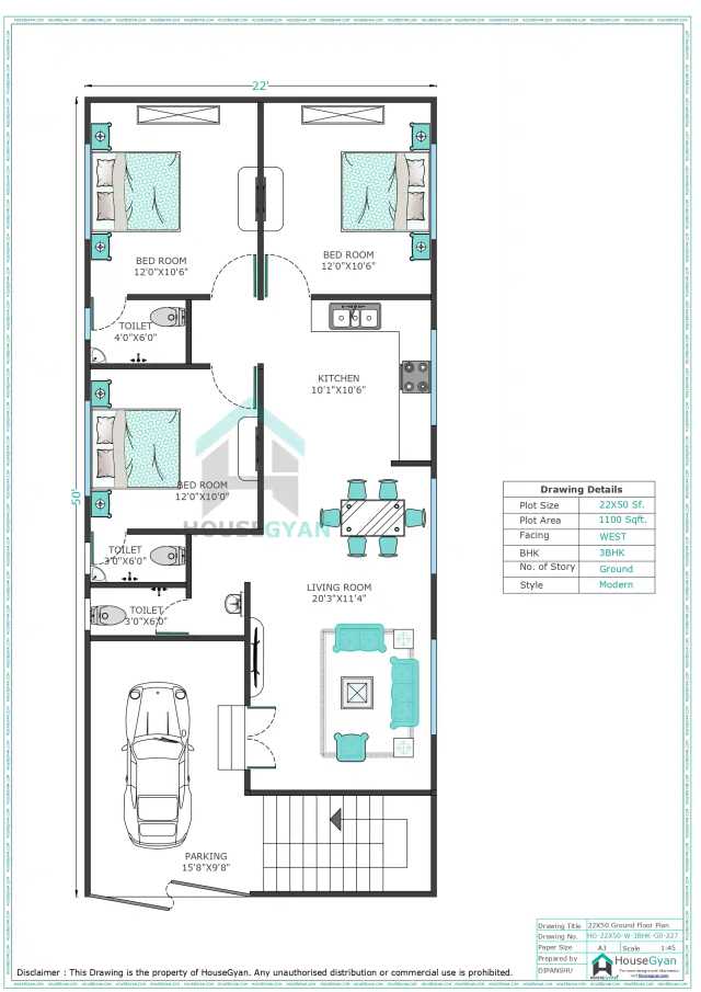 22X50 West Facing 3BHK Ground Floor House Plan | 1100 Sqft Plot Floor Plan 22X50 West Facing 3BHK Ground Floor House Plan | 1100 Sqft Plot Floor Plan
