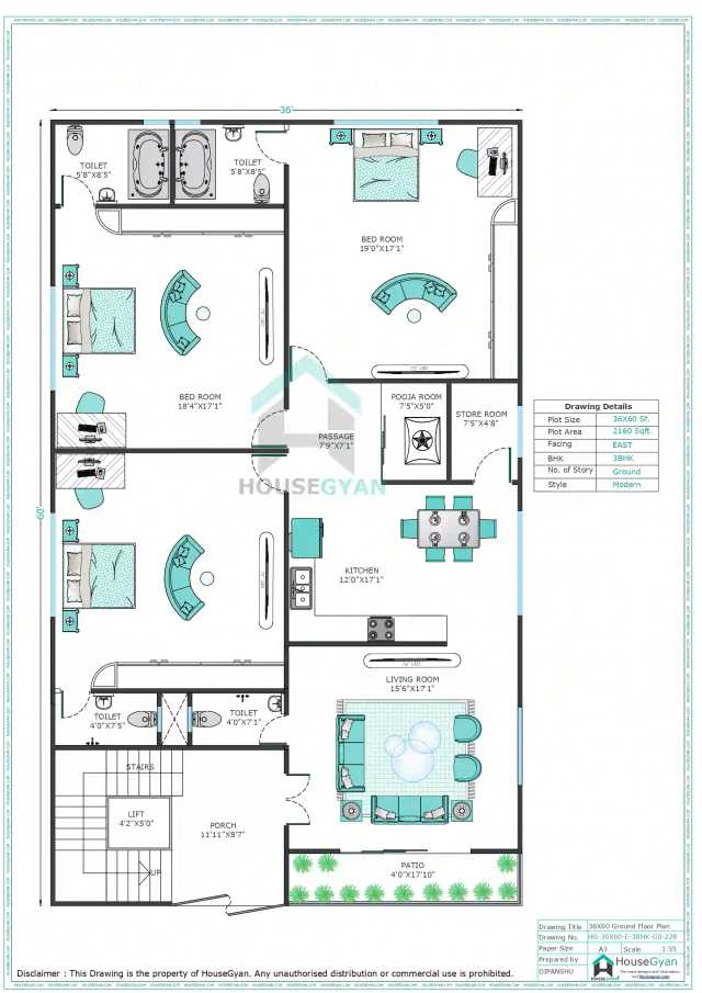 36X60 East Facing 3BHK Ground Floor House Plan | 2160 Sqft Plot Floor Plan 36X60 East Facing 3BHK Ground Floor House Plan | 2160 Sqft Plot Floor Plan