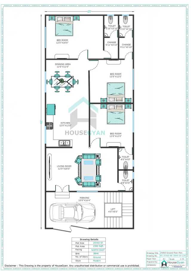 25X60 North East Facing 3BHK Ground Floor House Plan | 1500 Sqft Plot Floor Plan 25X60 North East Facing 3BHK Ground Floor House Plan