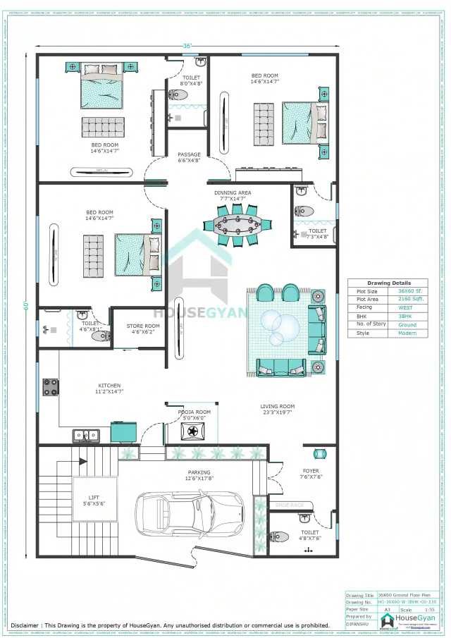 36X60 West Facing 3BHK Ground Floor House Plan | 2160 Sqft Plot Floor Plan 36X60 West Facing 3BHK Ground Floor House Plan | 2160 Sqft Plot Floor Plan