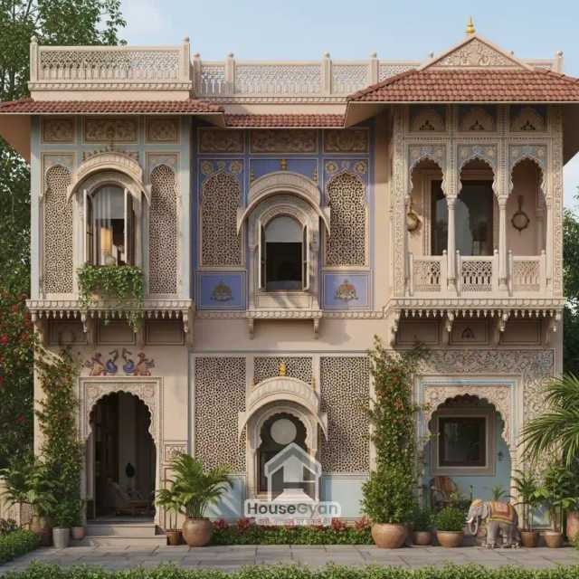 30x40 Traditional Rajasthani Haveli Style First Floor House Front Elevation Design 30x40 Traditional Rajasthani Haveli Style First Floor House Front Elevation Design