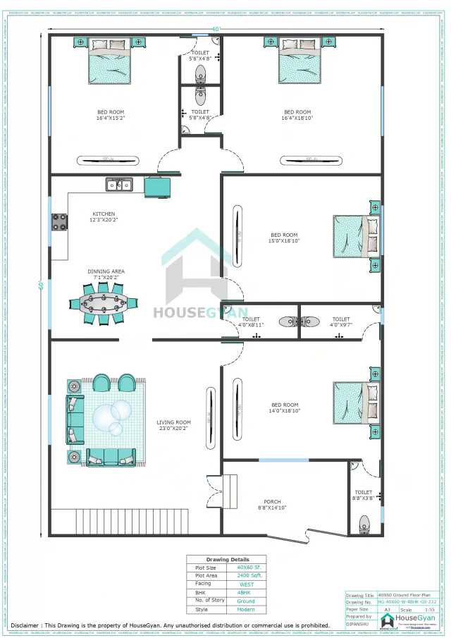 40X60 West Facing 4BHK Ground Floor House Plan | 2400 Sqft Plot Floor Plan 40X60 West Facing 4BHK Ground Floor House Plan