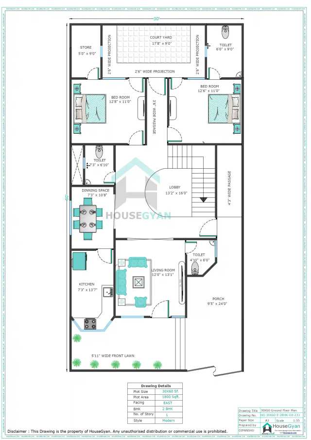 30X60 East Facing 2BHK Ground Floor House Plan | 1800 Sqft Plot Floor Plan 30X60 East Facing 2BHK Ground Floor House Plan