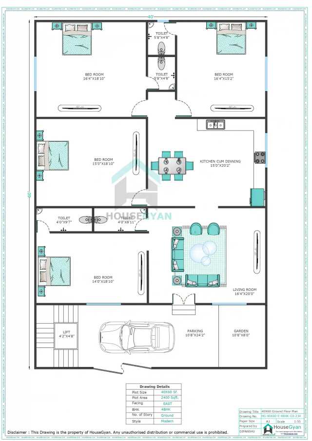 40X60 East Facing 4BHK Ground Floor House Plan | 2400 Sqft Plot Floor Plan 40X60 East Facing 4BHK Ground Floor House Plan