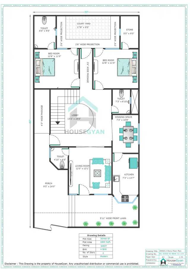 30X60 West Facing 4BHK First Floor House Plan | 1800 Sqft Plot Floor Plan 30X60 West Facing 4BHK First Floor House Plan