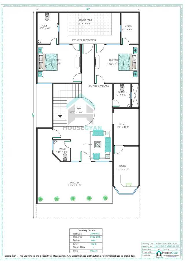 30X60 West Facing 4BHK First Floor House Plan | 1800 Sqft Plot Floor Plan 30X60 West Facing 4BHK First Floor House Plan | 1800 Sqft Plot Floor Plan