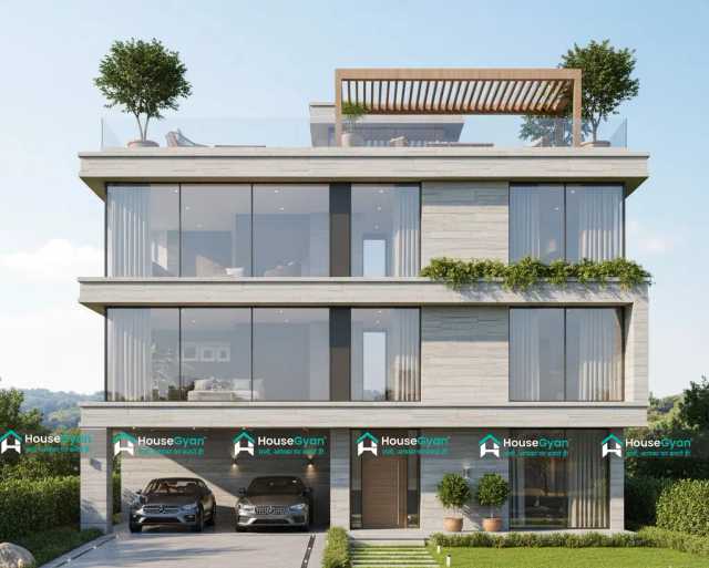 Modern G+2 House Front Elevation Design with Terrace Modern G+2 House Front Elevation Design with Terrace