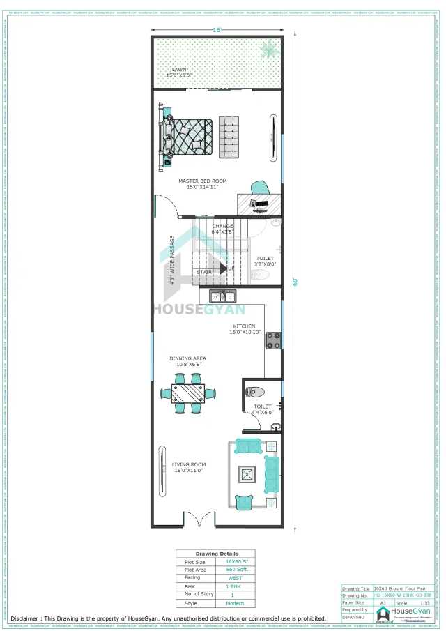 16X60 West Facing 1BHK Ground Floor House Plan | 960 Sqft Plot Floor Plan 16X60 West Facing 1BHK Ground Floor House Plan