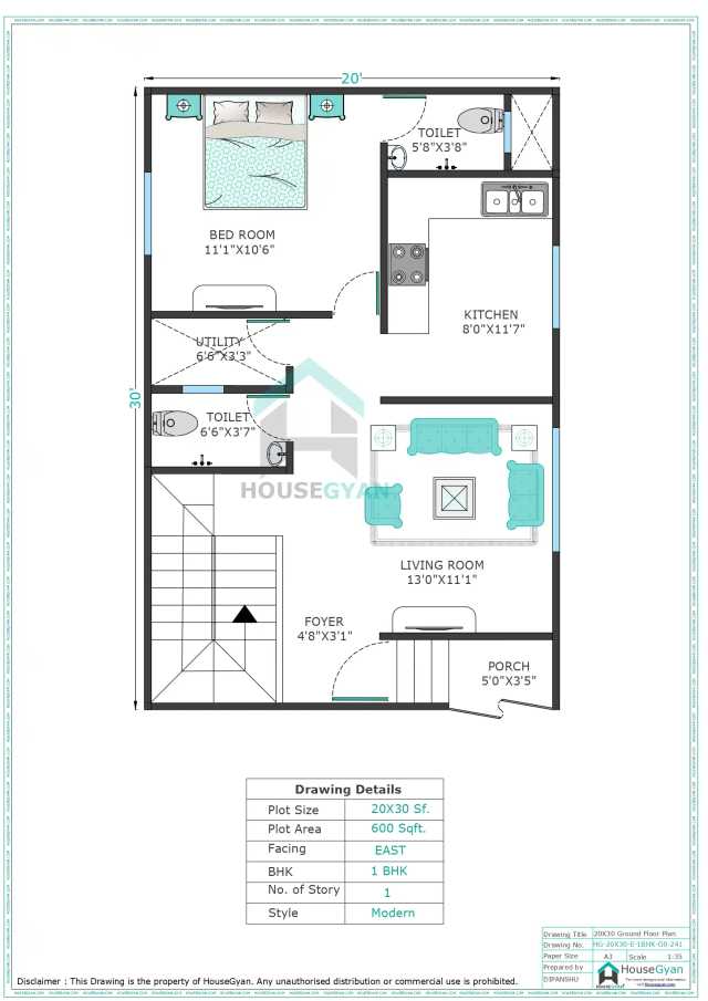 20X30 East Facing 1BHK Ground Floor House Plan | 600 Sqft Plot Floor Plan 20X30 East Facing 1BHK Ground Floor House Plan | 600 Sqft Plot Floor Plan