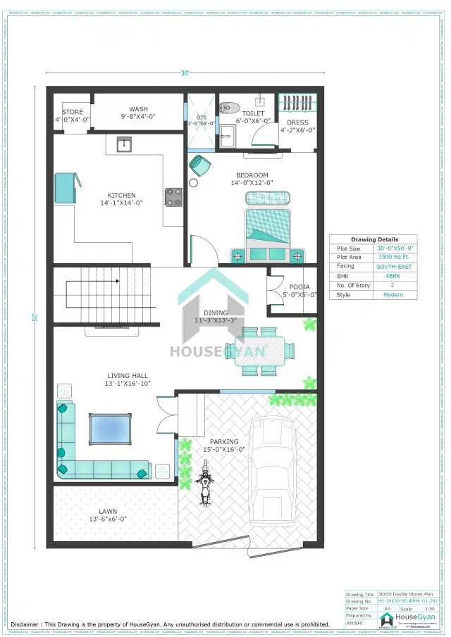 30X50 South East Facing 4BHK First Floor House Plan | 1500 Sqft Plot Floor Plan 30X50 South East Facing 4BHK First Floor House Plan