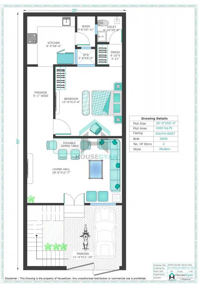 20X50 South East Facing 2BHK First Floor House Plan | 1000 Sqft Plot Floor Plan 20X50 South East Facing 2BHK First Floor House Plan