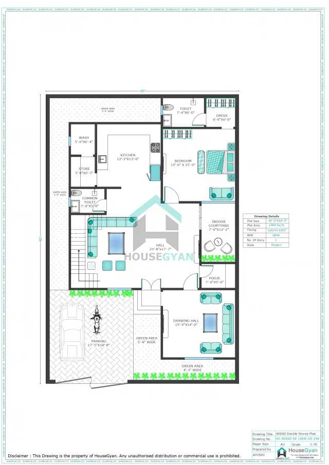 40X60 South East Facing 1BHK Ground Floor House Plan | 2400 Sqft Plot Floor Plan 40X60 South East Facing 1BHK Ground Floor House Plan