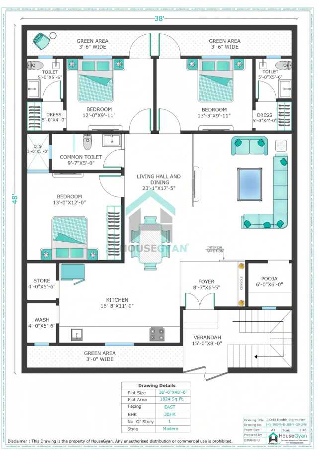 38X48 East Facing 3BHK Ground Floor House Plan | 1824 Sqft Plot Floor Plan 38X48 East Facing 3BHK Ground Floor House Plan | 1824 Sqft Plot Floor Plan