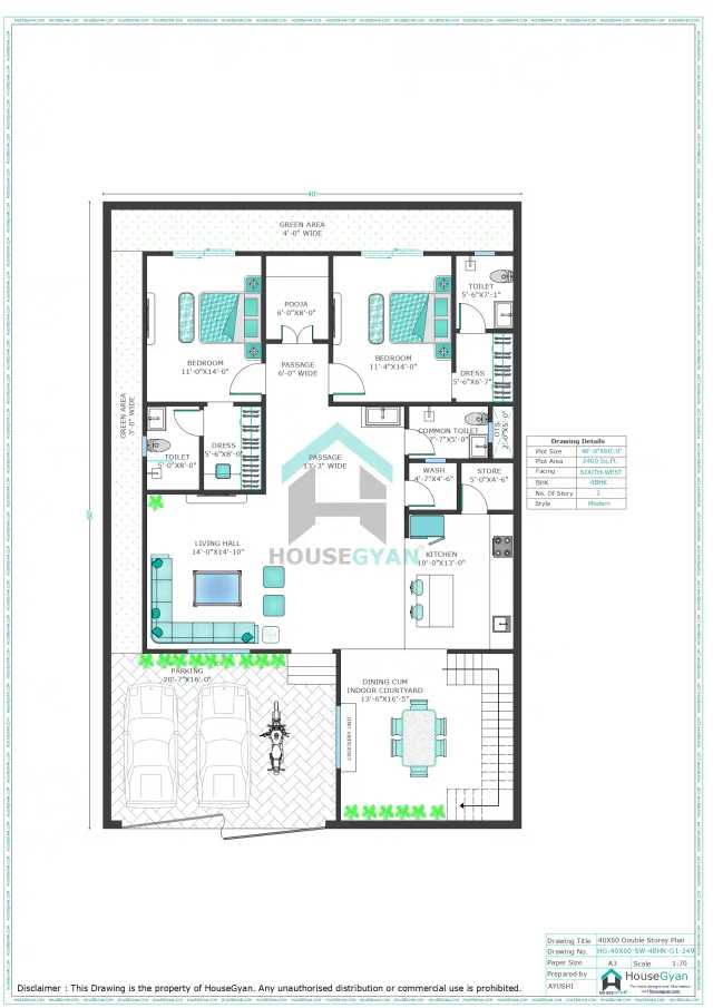 40X60 South West Facing 4BHK First Floor House Plan | 2400 Sqft Plot Floor Plan 40X60 South West Facing 4BHK First Floor House Plan