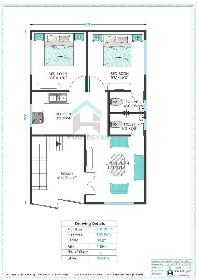 20X30 East Facing 2BHK Ground Floor House Plan | 600 Sqft Plot Floor Plan 20X30 East Facing 2BHK Ground Floor House Plan