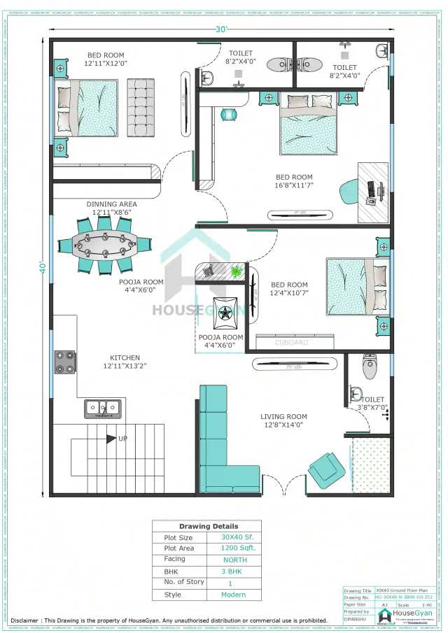 30X40 North Facing 3BHK Ground Floor House Plan | 1200 Sqft Plot Floor Plan 30X40 North Facing 3BHK Ground Floor House Plan