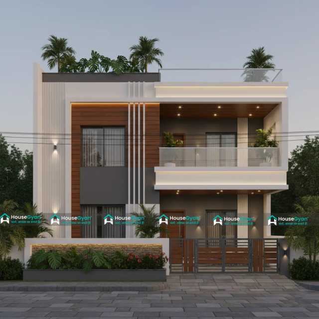 Modern 2 Storey Contemporary House Front Elevation Design with Stylish Lighting Modern 2 Storey Contemporary House Front Elevation Design with Stylish Lighting