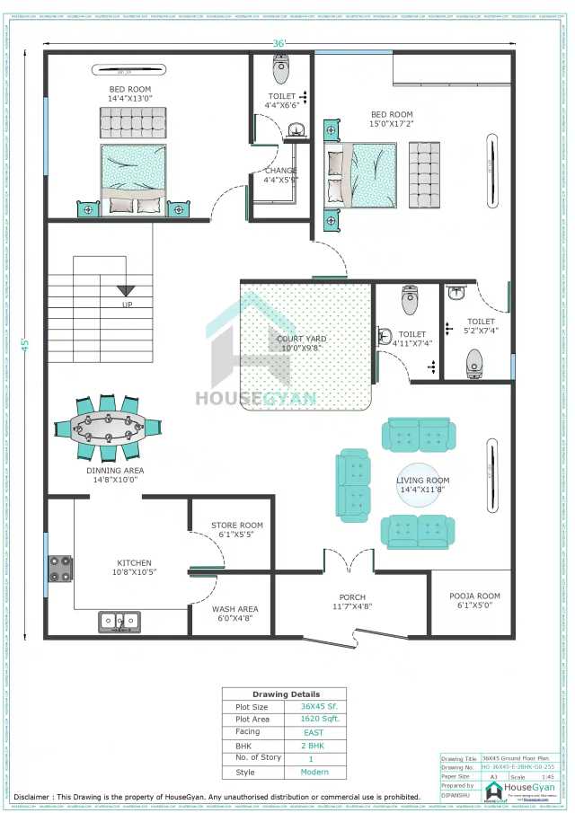 36X45 East Facing 2BHK Ground Floor House Plan | 1620 Sqft Plot Floor Plan 36X45 East Facing 2BHK Ground Floor House Plan