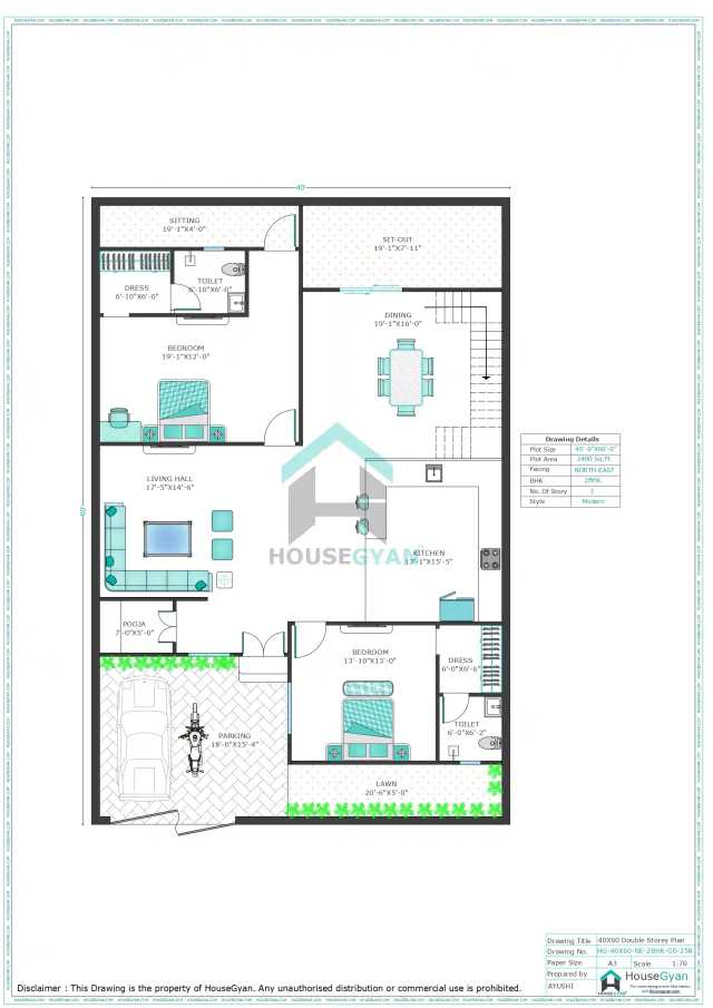 40X60 North East Facing 2BHK Ground Floor House Plan | 2400 Sqft Plot Floor Plan 40X60 North East Facing 2BHK Ground Floor House Plan