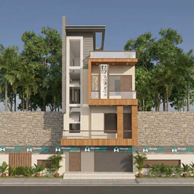 Modern 20X50 House Front Elevation Design with Wooden & Glass Detailing Modern 20X50 House Front Elevation Design with Wooden & Glass Detailing