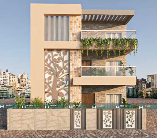 Contemporary 30X50 House Elevation Design with Stone Finish Contemporary 30X50 House Elevation Design with Stone Finish