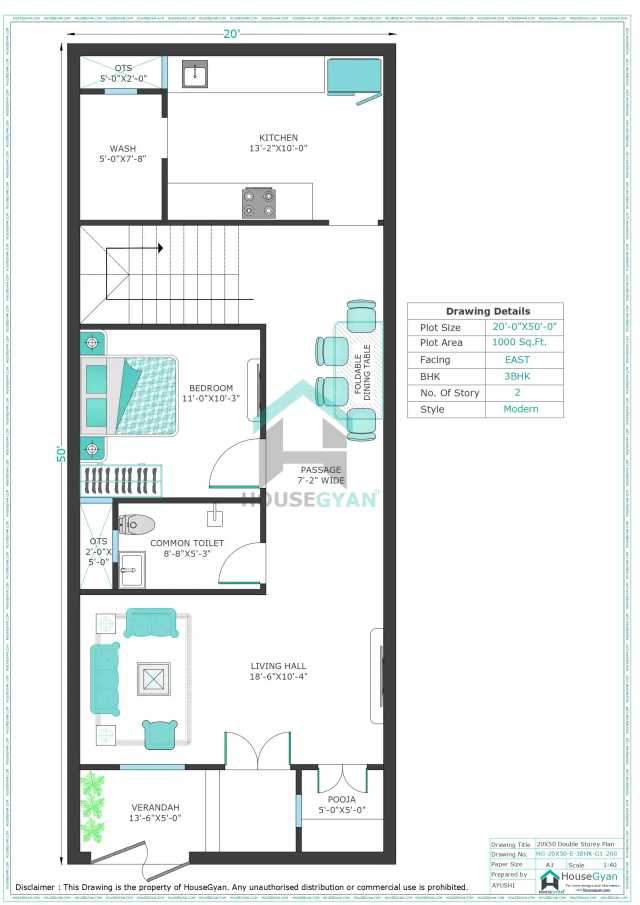 20X50 East Facing 3BHK First Floor House Plan | 1000 Sqft Plot Floor Plan 20X50 East Facing 3BHK First Floor House Plan