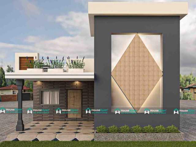 Modern Single Floor Front Elevation with Bold Geometric Feature Wall Modern Single Floor Front Elevation with Bold Geometric Feature Wall