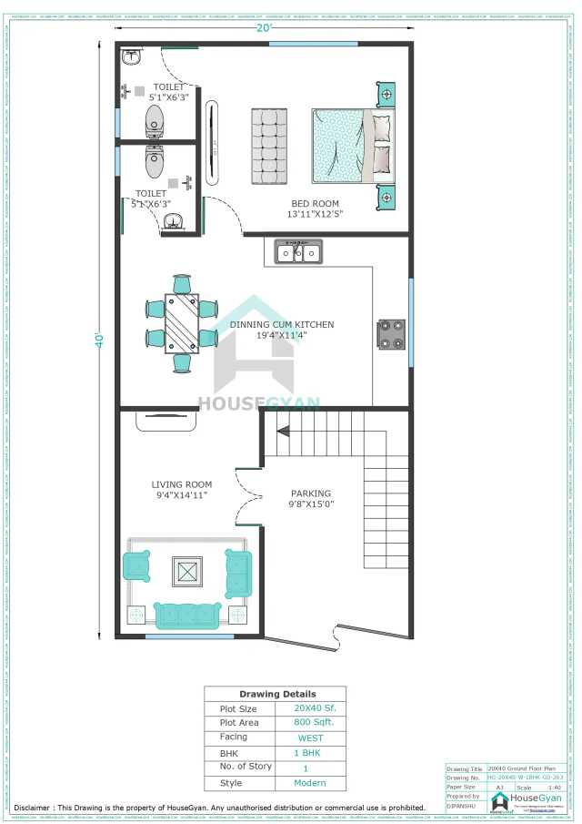 20X40 West Facing 1BHK Ground Floor House Plan | 800 Sqft Plot Floor Plan 20X40 West Facing 1BHK Ground Floor House Plan | 800 Sqft Plot Floor Plan