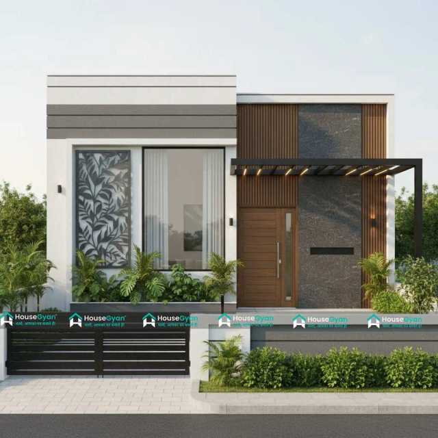 Modern Single Floor House Front Elevation with Stylish Wooden and Grey Texture Design Modern Single Floor House Front Elevation with Stylish Wooden and Grey Texture Design
