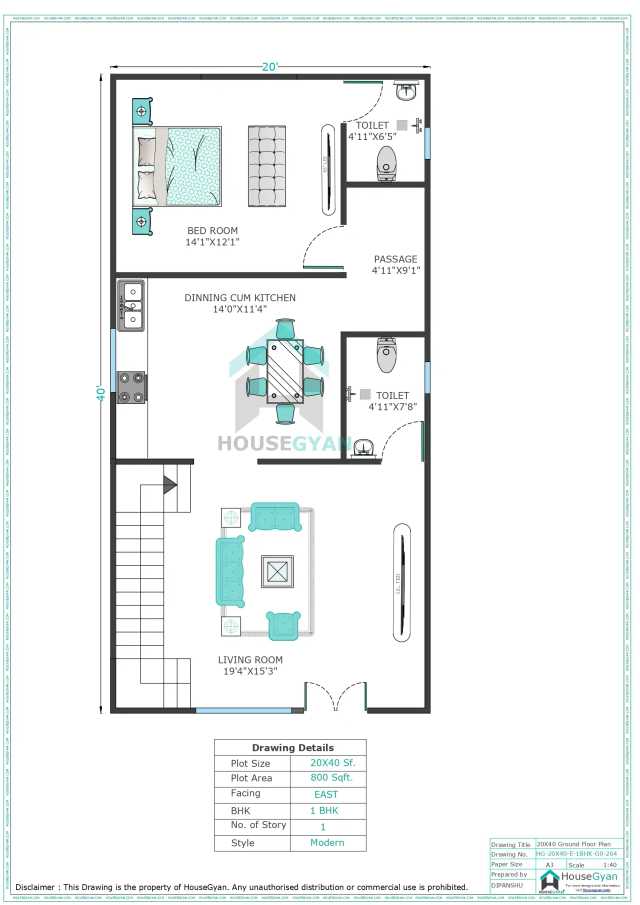 20X40 East Facing 1BHK Ground Floor House Plan | 800 Sqft Plot Floor Plan 20X40 East Facing 1BHK Ground Floor House Plan
