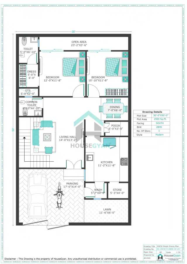 30X50 South Facing 2BHK Ground Floor House Plan | 1500 Sqft Plot Floor Plan 30X50 South Facing 2BHK Ground Floor House Plan | 1500 Sqft Plot Floor Plan