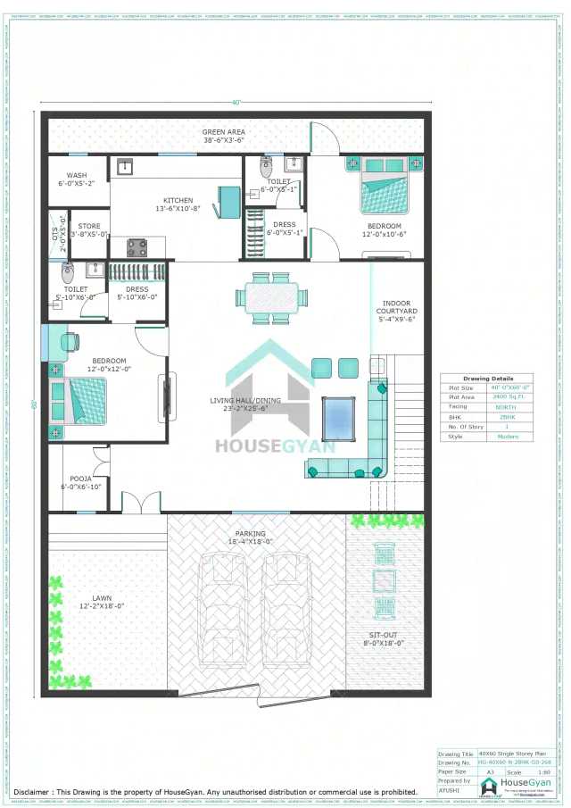 40X60 North Facing 2BHK Ground Floor House Plan | 2400 Sqft Plot Floor Plan 40X60 North Facing 2BHK Ground Floor House Plan