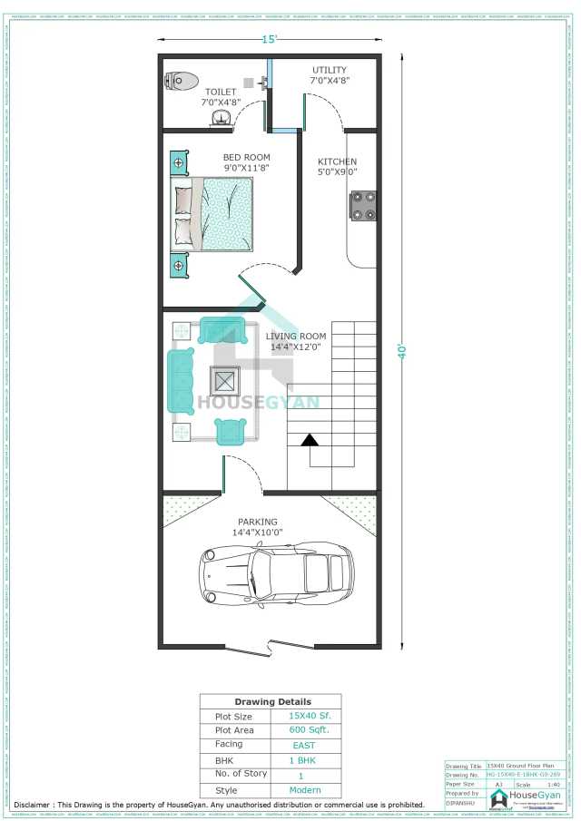 15X40 East Facing 1BHK Ground Floor House Plan | 600 Sqft Plot Floor Plan 15X40 East Facing 1BHK Ground Floor House Plan | 600 Sqft Plot Floor Plan