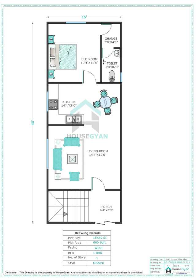 15X40 West Facing 1BHK Ground Floor House Plan | 600 Sqft Plot Floor Plan 15X40 West Facing 1BHK Ground Floor House Plan | 600 Sqft Plot Floor Plan