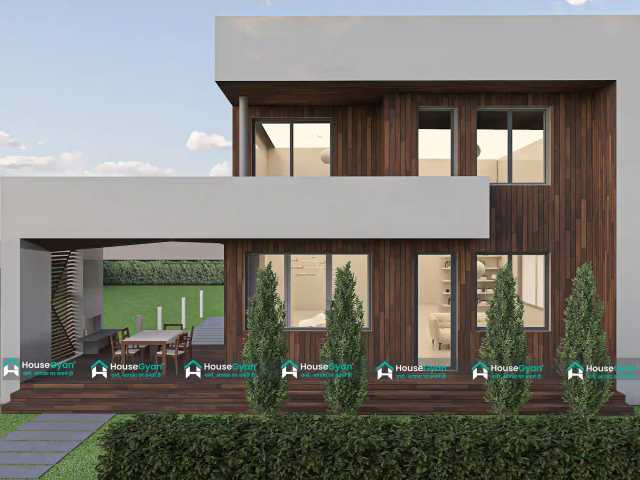 45x50 Modern House Front Elevation with Wooden Cladding and Outdoor Dining Space 45x50 Modern House Front Elevation Design