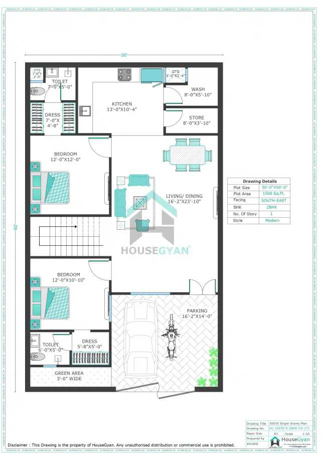 30X50 South East Facing 2BHK Ground Floor House Plan | 1500 Sqft Plot Floor Plan 30X50 South East Facing 2BHK Ground Floor House Plan