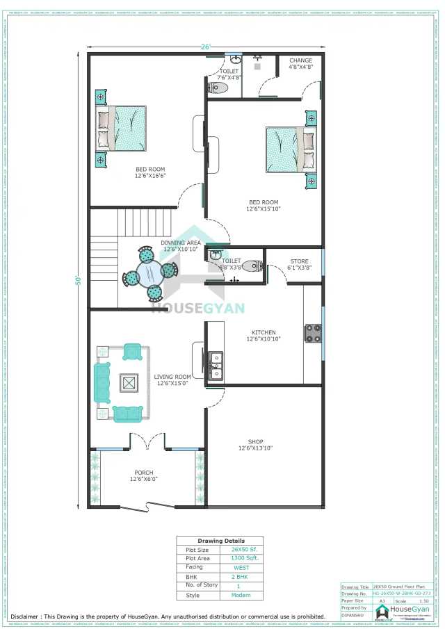 26X50 West Facing 2BHK Ground Floor House Plan | 1300 Sqft Plot Floor Plan 26X50 West Facing 2BHK Ground Floor House Plan