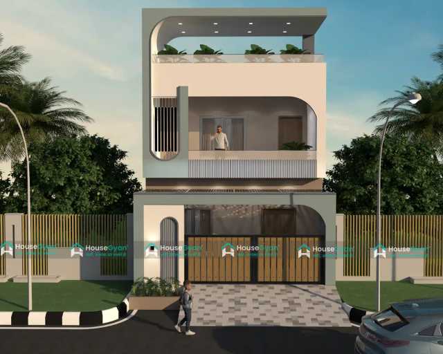 Modern G+1 House Front Elevation Design with Curved Balcony Modern G+1 House Front Elevation Design with Curved Balcony