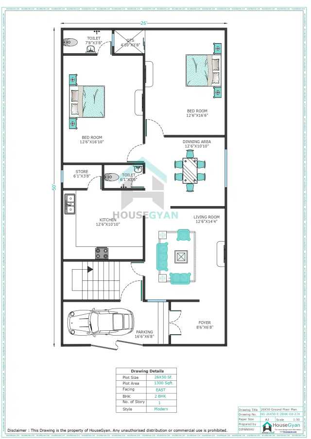 26X50 East Facing 2BHK Ground Floor House Plan | 1300 Sqft Plot Floor Plan 26X50 East Facing 2BHK Ground Floor House Plan | 1300 Sqft Plot Floor Plan