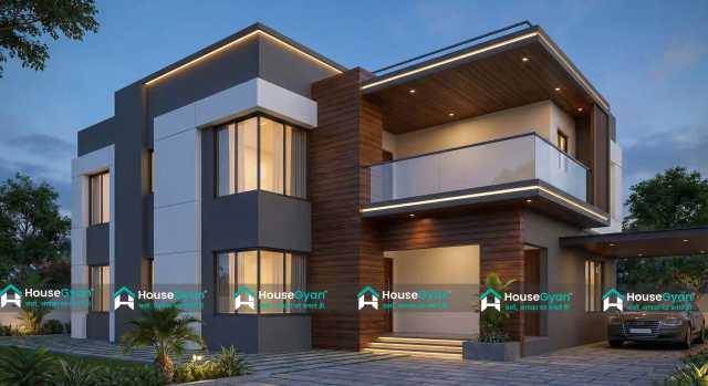 Modern First Floor House Front Elevation Design with Large Windows and Wooden Cladding Modern First Floor House Front Elevation Design with Large Windows and Wooden Cladding