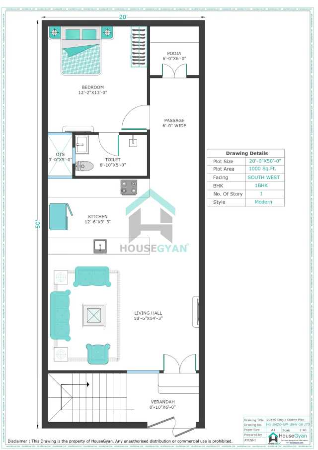 20X50 South West Facing 1BHK Ground Floor House Plan | 1000 Sqft Plot Floor Plan 20X50 South West Facing 1BHK Ground Floor House Plan