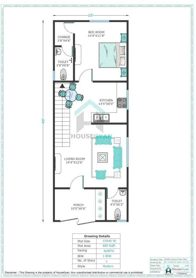 15X40 North Facing 1BHK Ground Floor House Plan | 600 Sqft Plot Floor Plan 15X40 North Facing 1BHK Ground Floor House Plan