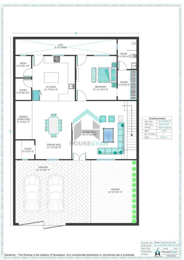 40X60 North West Facing 1BHK Ground Floor House Plan | 2400 Sqft Plot Floor Plan 40X60 North West Facing 1BHK Ground Floor House Plan